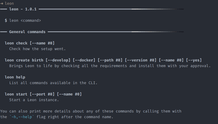 Leon-CLI help command